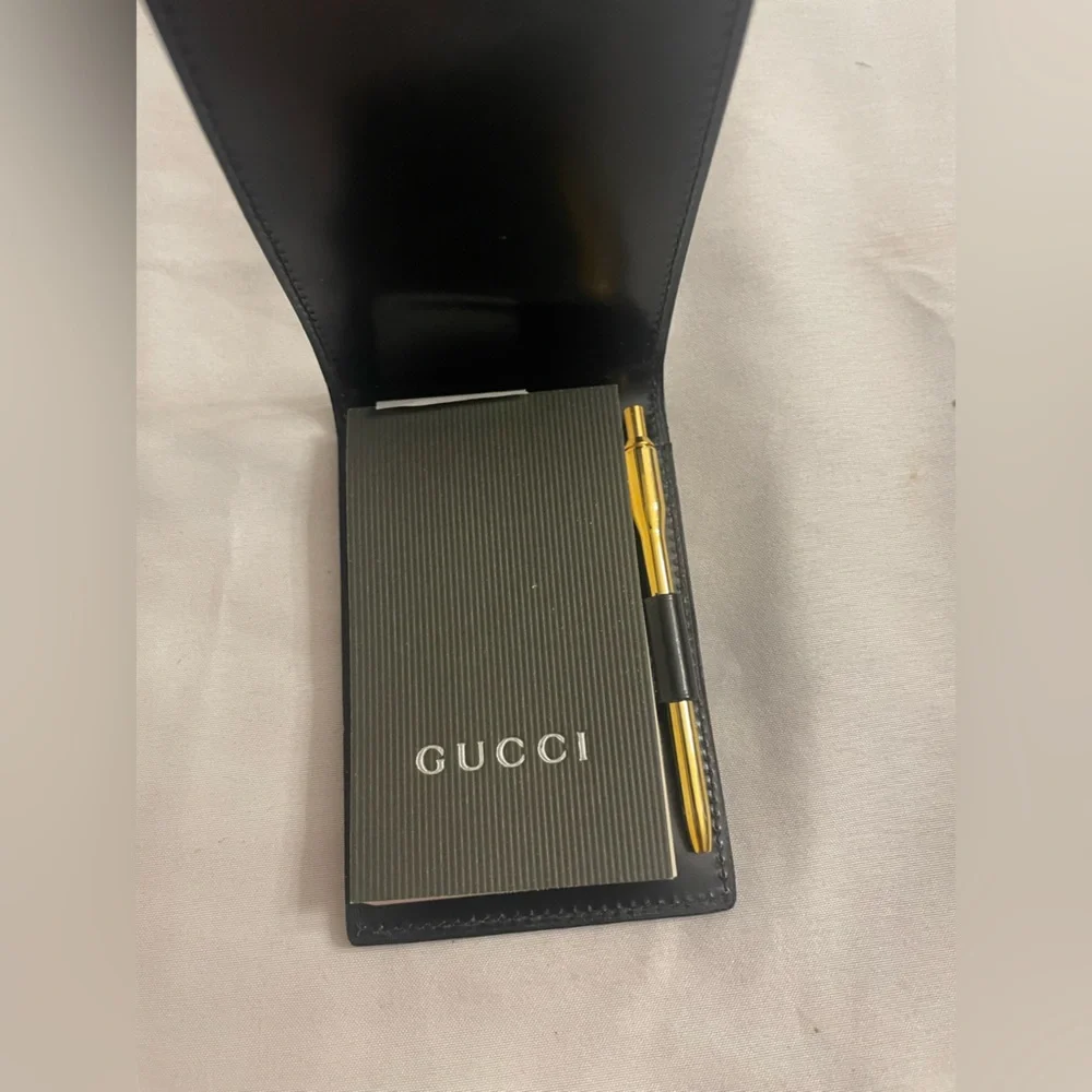Gucci Black Mini Leather Pocket Notepad with Gold Pen